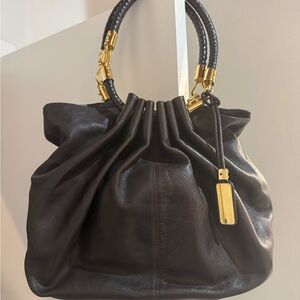 Michael Kors Brown Leather Gathered Satchel with Gold Accents